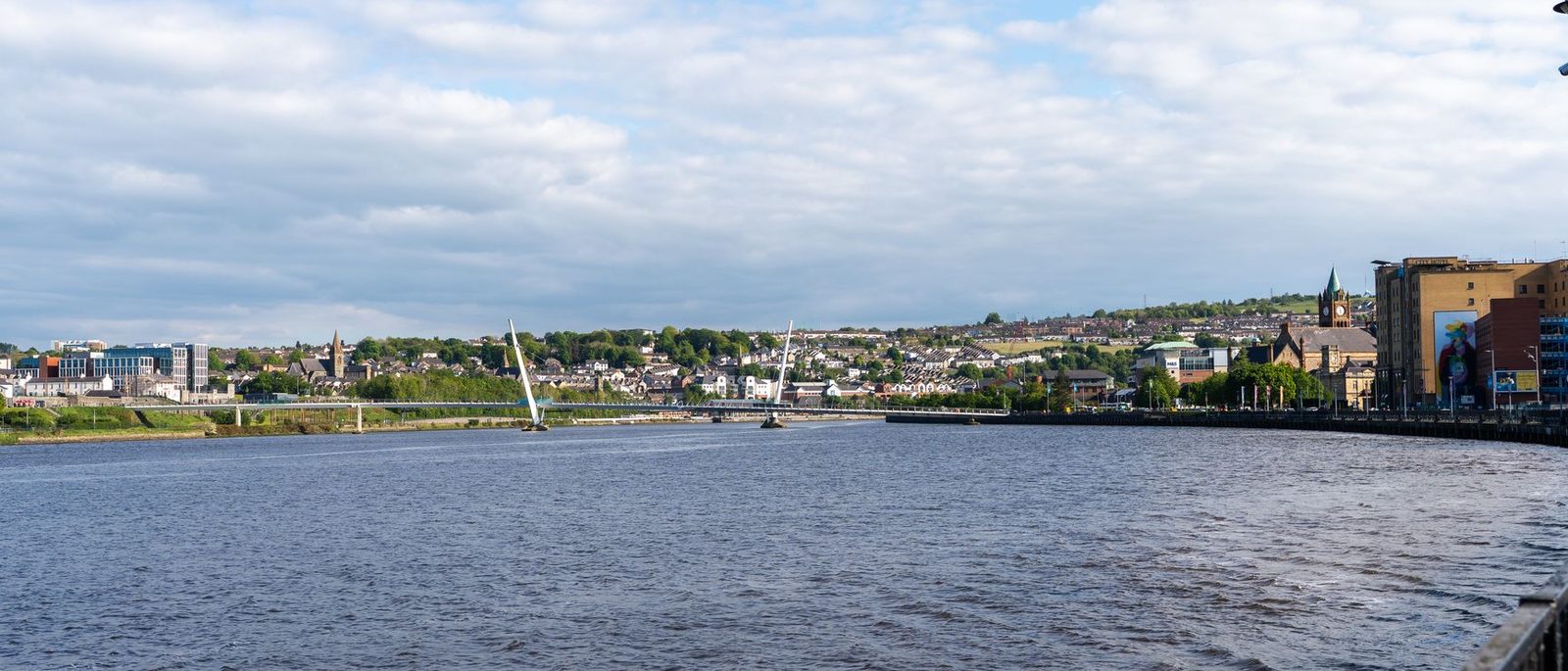 The Peace Bridge across the River Foyle in Derry on a bright day